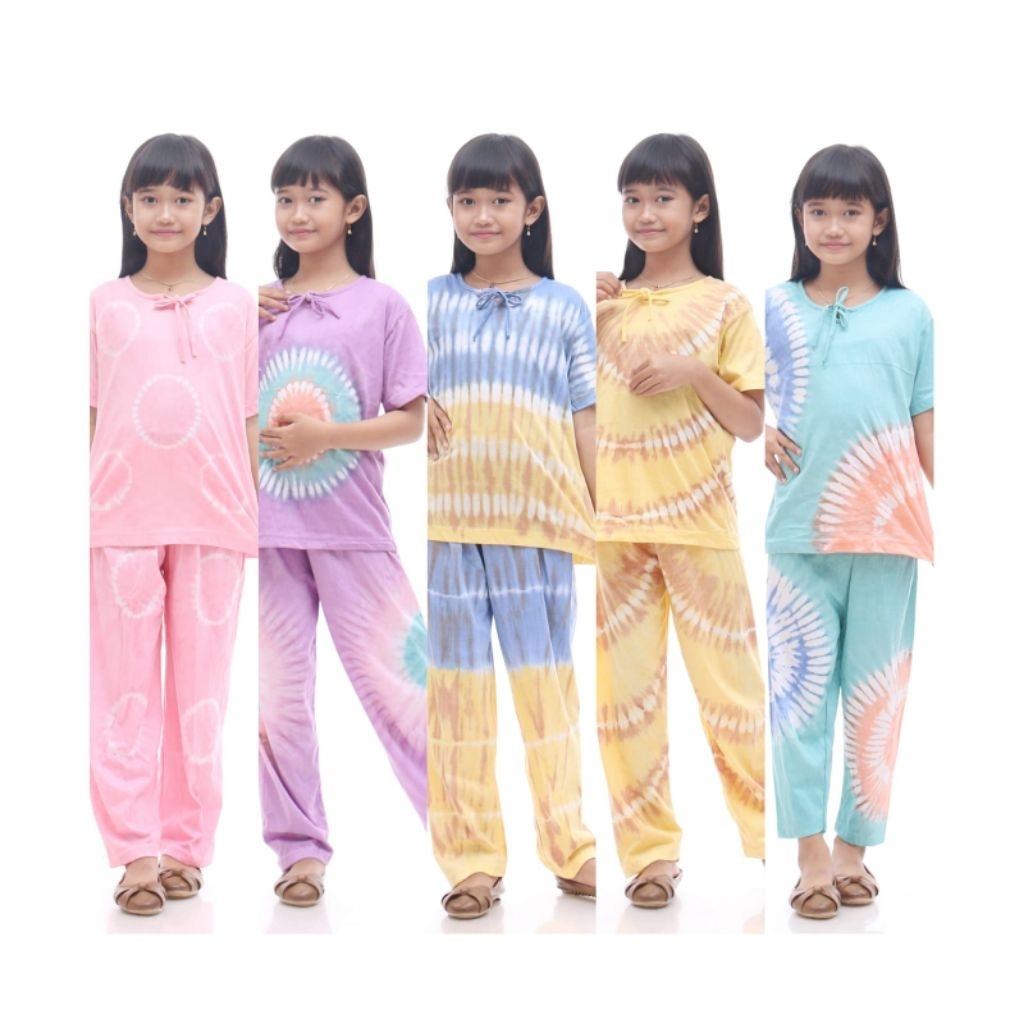 Setelan baju cp anak perempuan ,setelan pelangi bahan kaos usia 2-12th