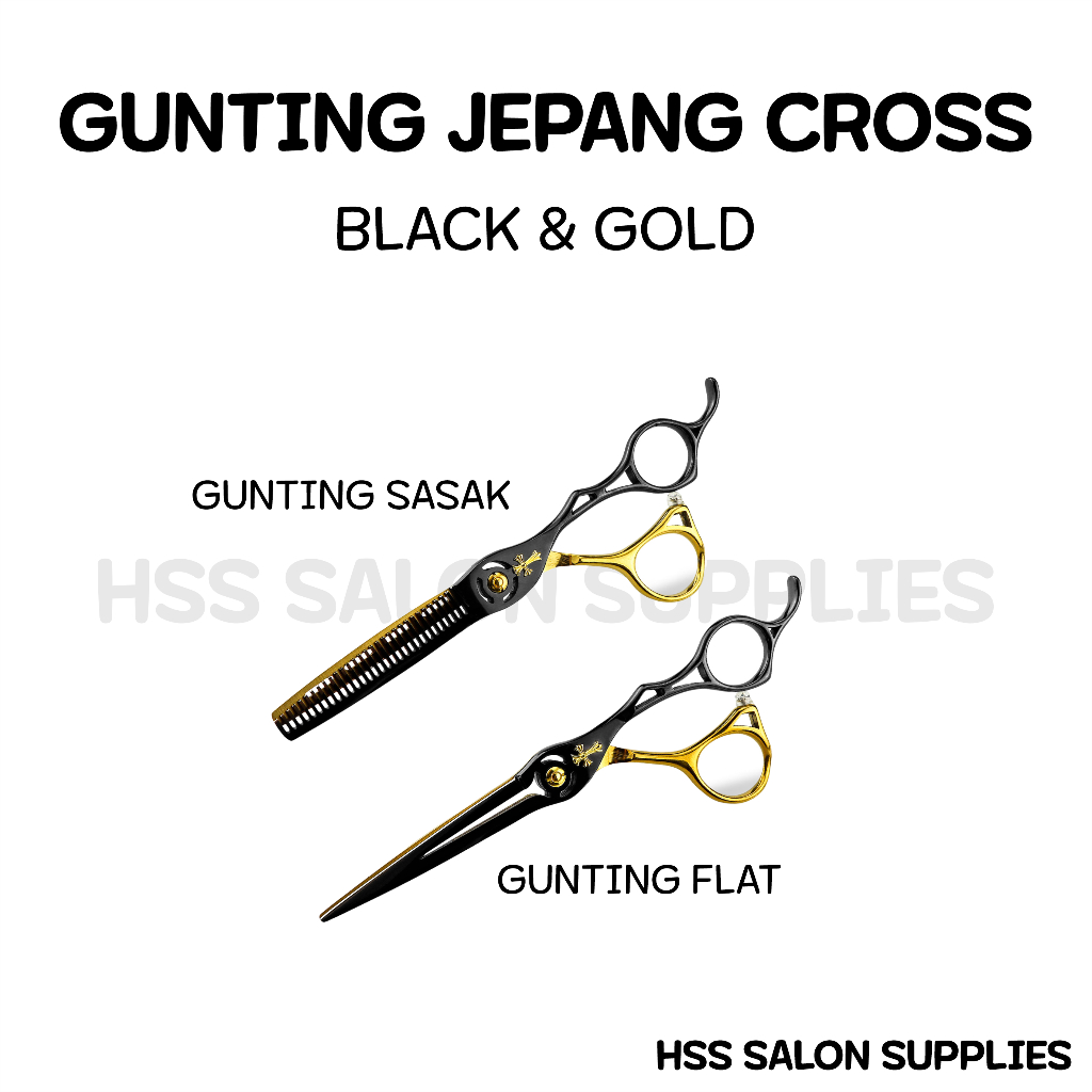 gunting rambut premium jepang Stainless Steel black & gold, Gunting premium mewah, gunting rambut or