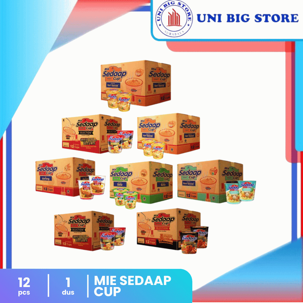 

Mie Sedaap SEDAP Cup Goreng - Soto - Bakso - Kari - Rawit Bingit - Korean Spicy 12 pcs DUS