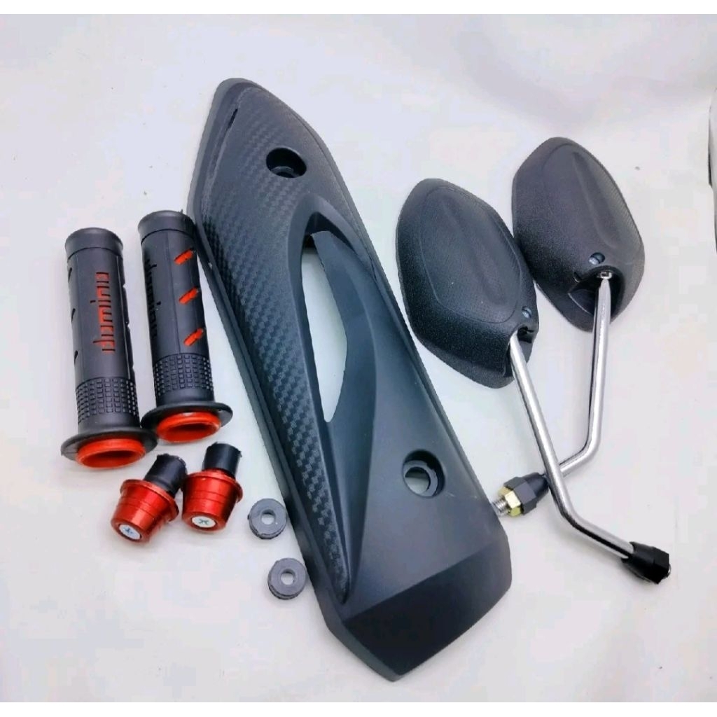 satu set handgrip sisik merah + jalu stang merah + spion beat tangkai chrome standar + cover knalpot