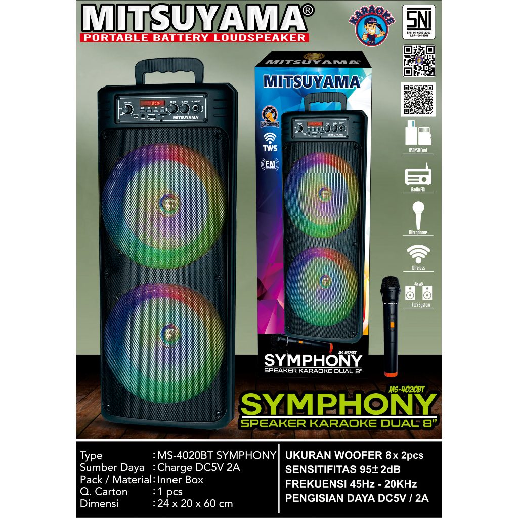 Speaker Karaoke Dual 8″ Mitsuyama MS-4020BT Symphony | Bluetooth, USB, Microphone – Portable Sound S