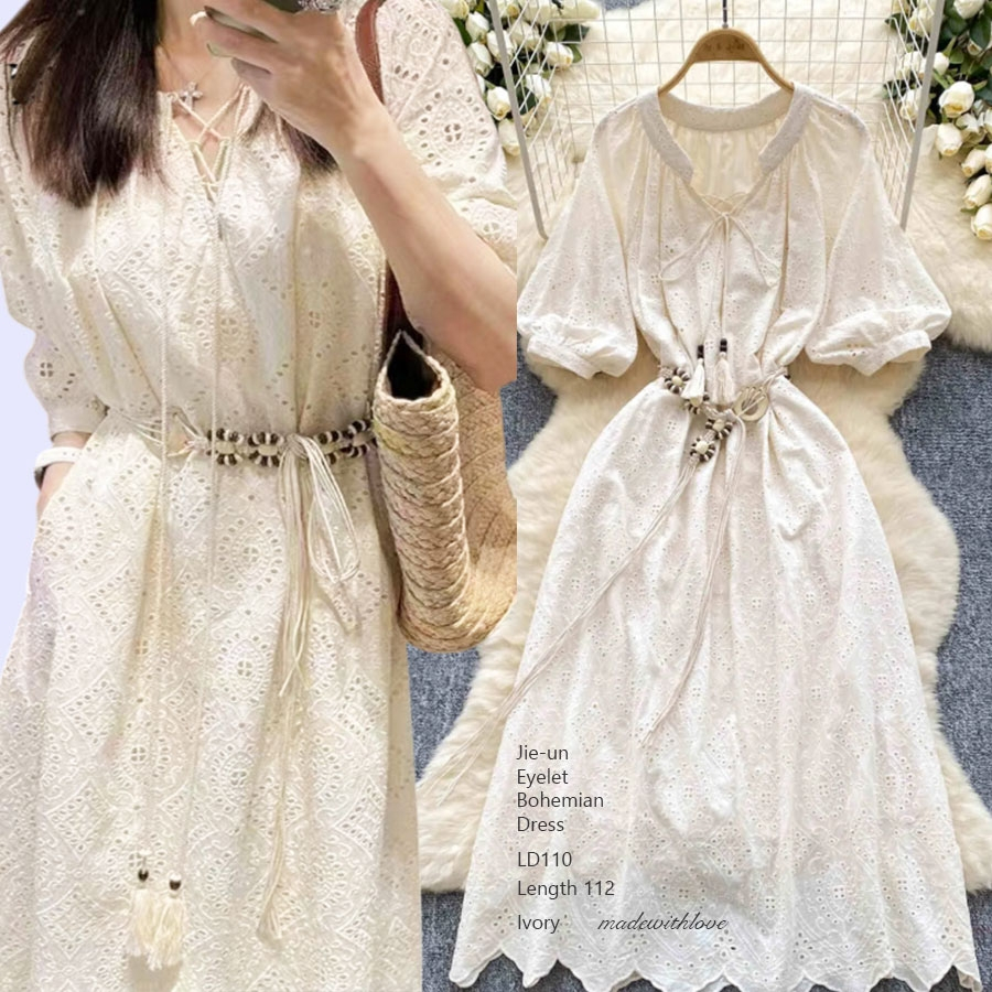 Jie-Un Eyelet Bohemian belt dress putih panjang bordir