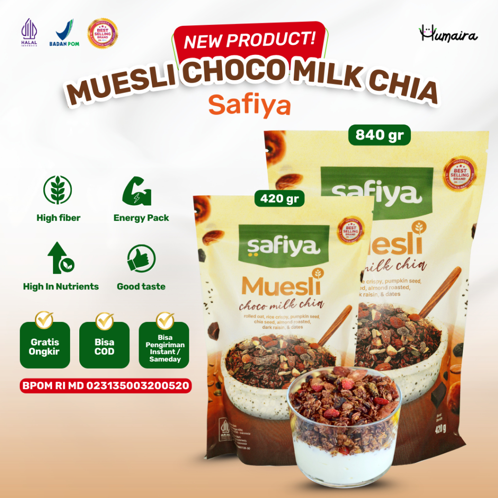 

Muesli Choco Milk Chia Safiya 840 Gram Sereal Oatmeal Sarapan Pagi Praktis & Enak