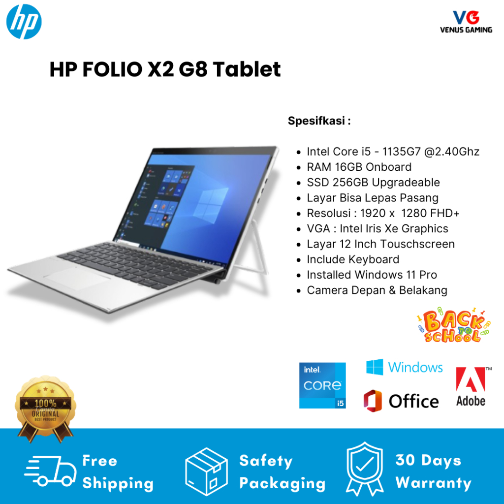 Laptop Tablet Like New HP Elite X2 G8 Intel Core i5 gen 11 RAM 16GB SSD 256GB Nvme Windows 11 Layar 