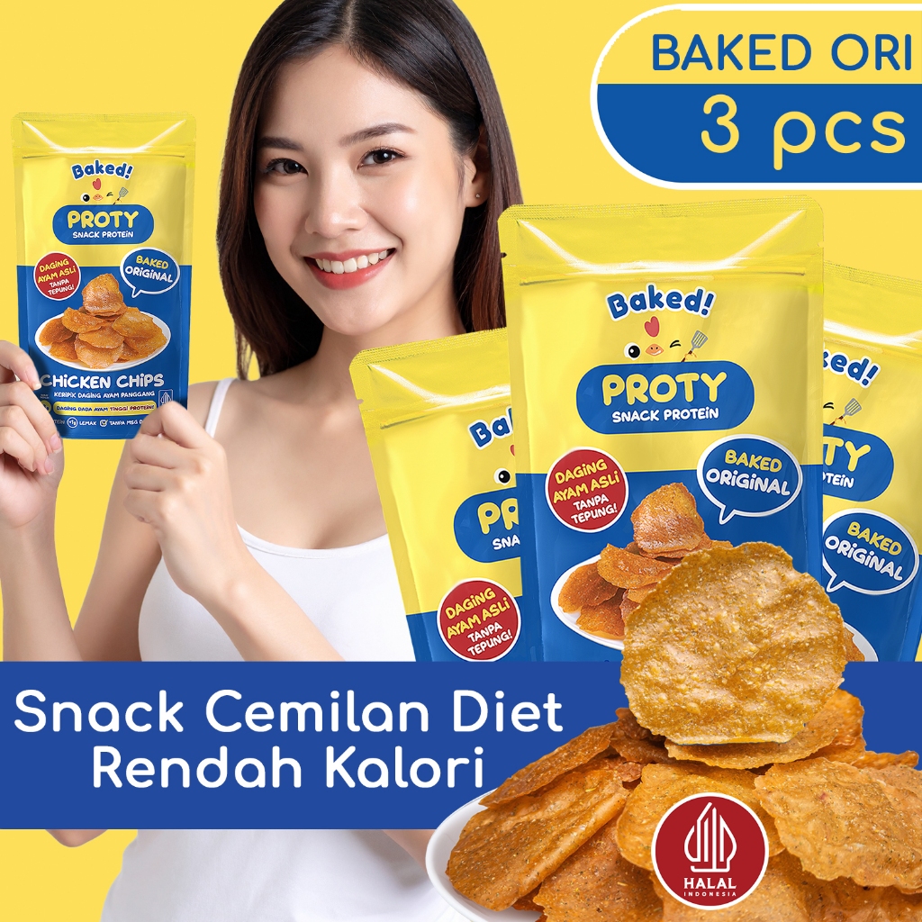 

PROTY Baked (Panggang) Snack Cemilan Diet Rendah Kalori - Chicken Chips Baked Original (3 pcs)