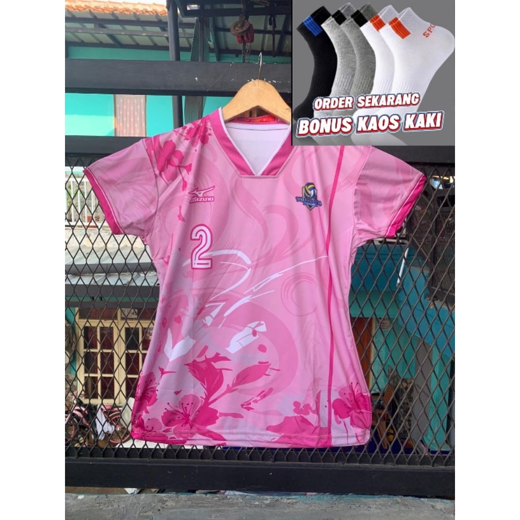 Pusat Jersey Olahraga Voli Cewek Full Printing Motif Pink Bunga