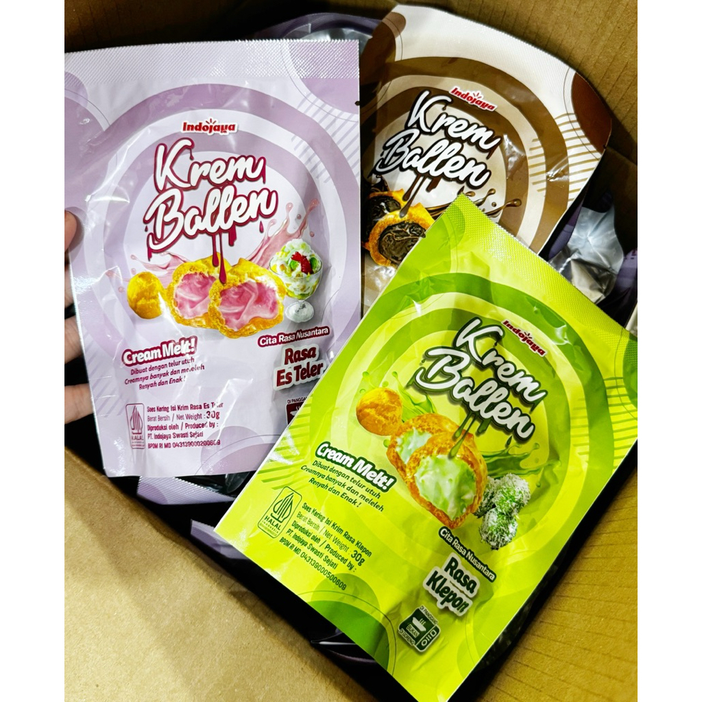 

CemilanBintan ( Krem ballen Soes Kering isi Coklat klepon esteller Lumer Indojaya) Enak