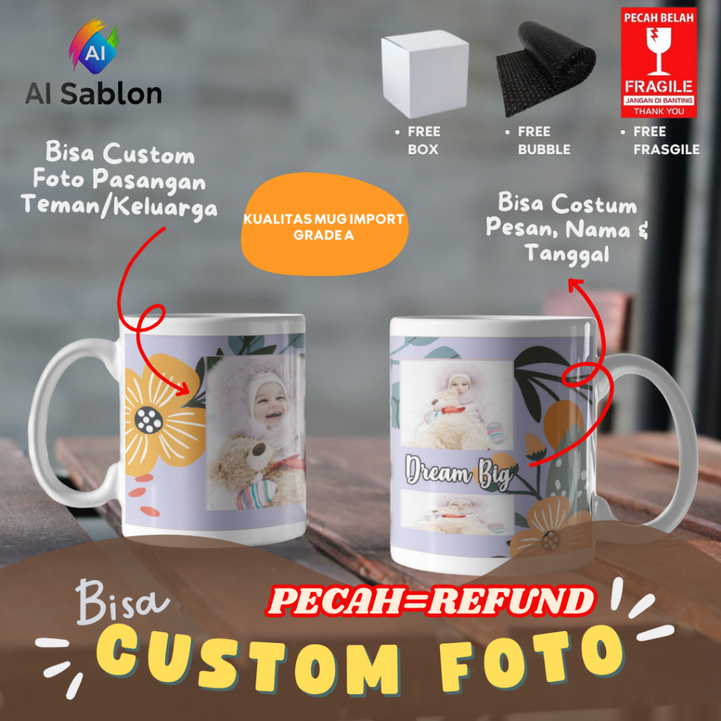 Mug Custom Foto Anak & Bayi – Desain Ceria Dream Big | Hadiah Spesial & Souvenir Unik