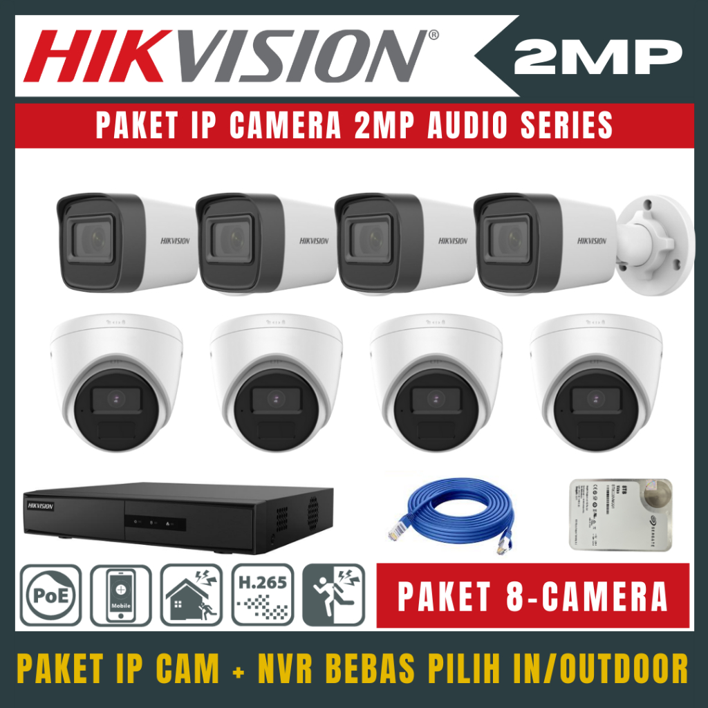 PAKET CCTV HIKVISION 2MP IP CAMERA 8 CHANNEL 8 KAMERA