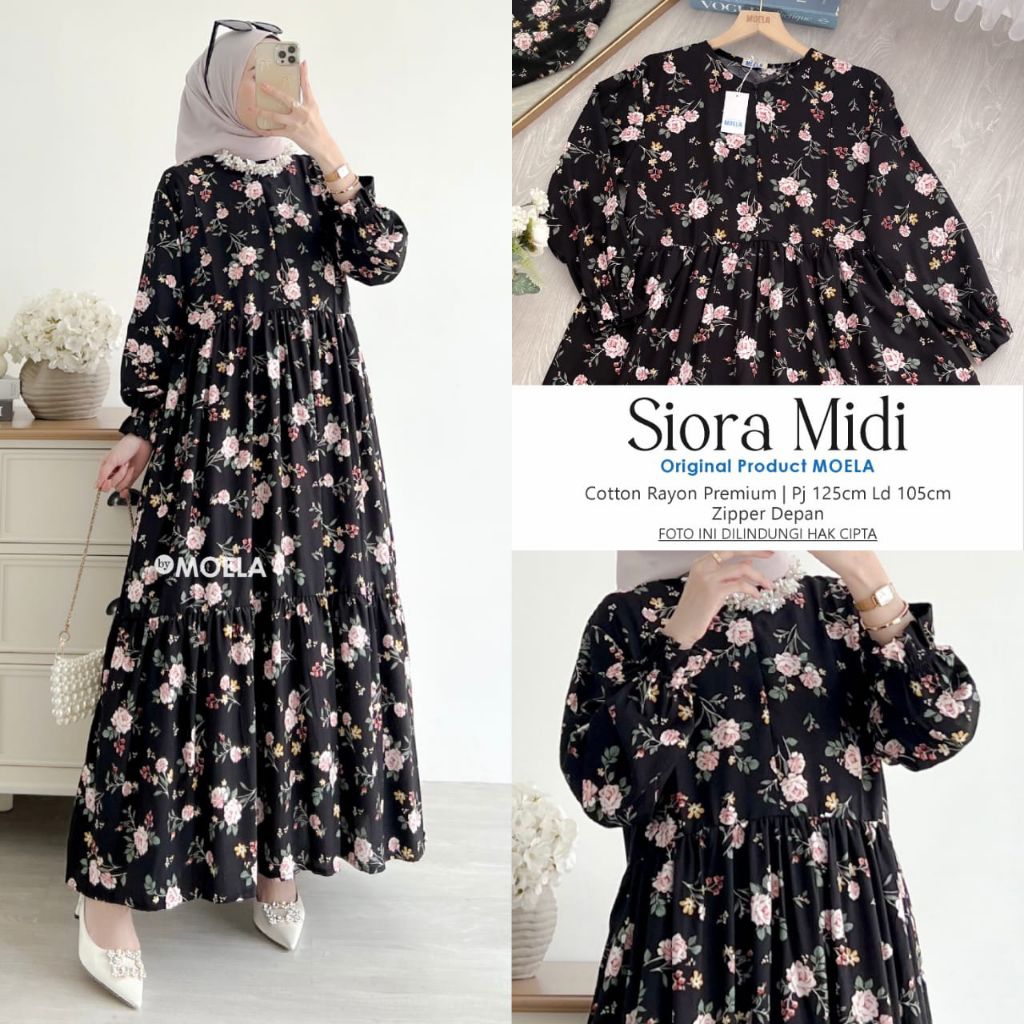 MOTIF WARNA RANDOM - Midi Dress Lengan Kerut Cantik Bahan Rayon Twill Premium Busui Casual Dress Mid