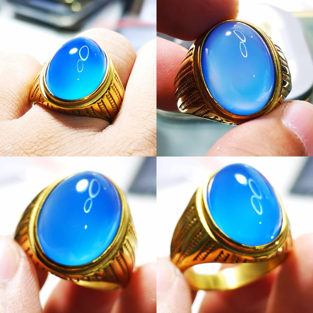 Cincin Pria Batu Akik Natural Blue Spyrtus Biru Langit Asli Batu Radja Kristal Ring Titanium Mewah