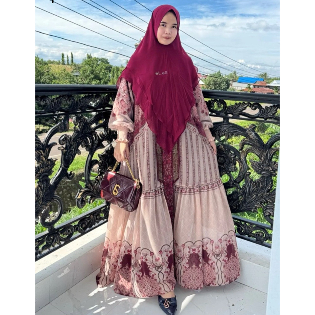 Gamis syari brand eles lina sukijo syari set khimar lina sukijo syari lengkap set