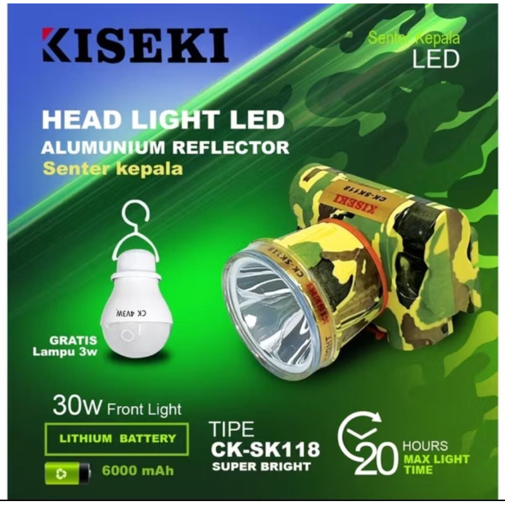 Kiseki Senter Kepala CK-SK118 30W HeadLamp Super Bright Gratis Lampu WATERPROFF CK118 Tahan Air