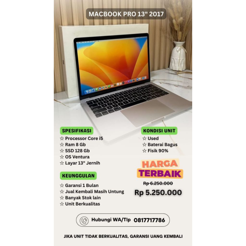 MacBook Pro 13 Inch 2017 Core i5 RAM 8GB SSD 128GB /256 gb- Laptop Apple Bekas Mulus