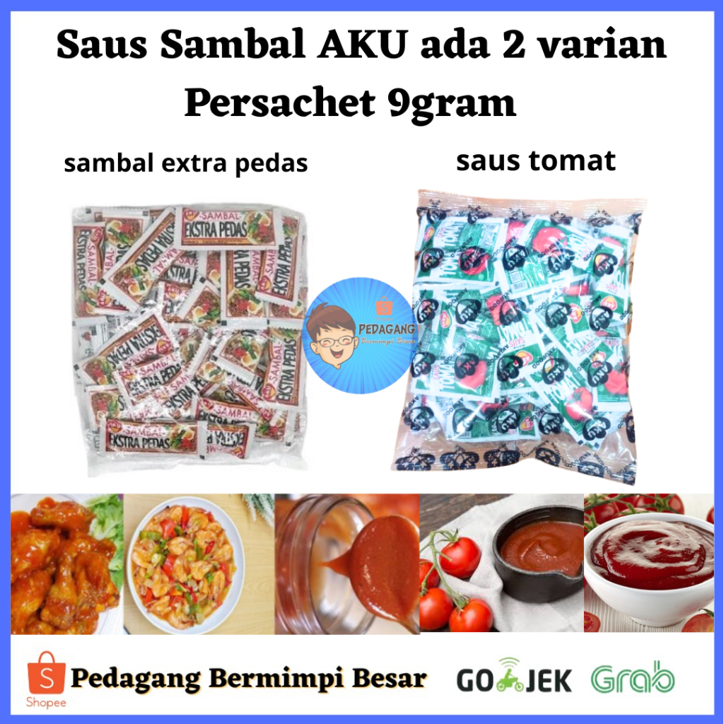 

Saus Sambal AKU ada 2 varian Persachet 9gram / Sambal Extra Pedas AKU Sachet 9G Sambal Extra/ Sambal/ Saus Tomat/ Aku Saus Tomat