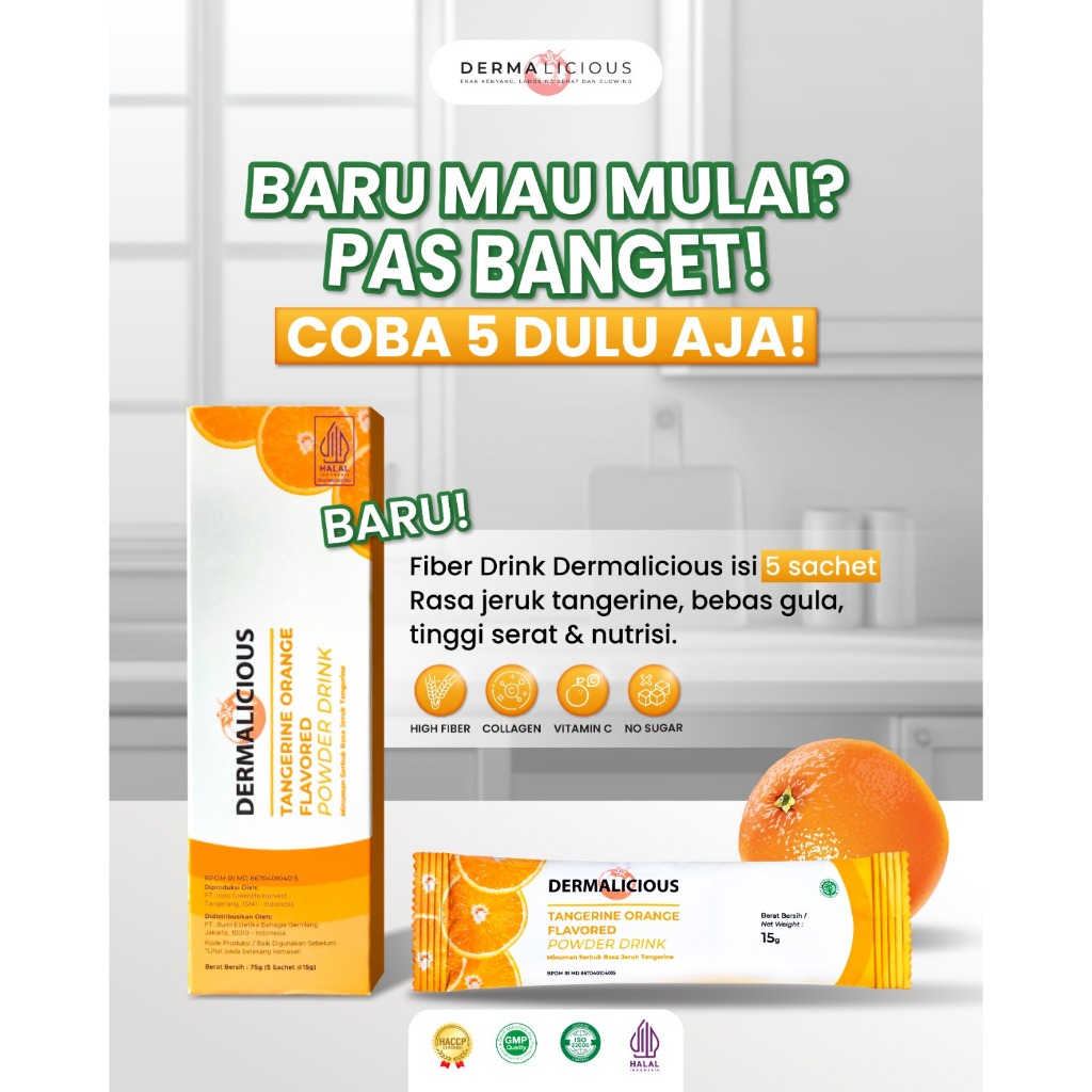 

Minuman Serbuk Fiber Rasa Jeruk Tangerine (Fiber) - isi 5 dan 15 Sachet