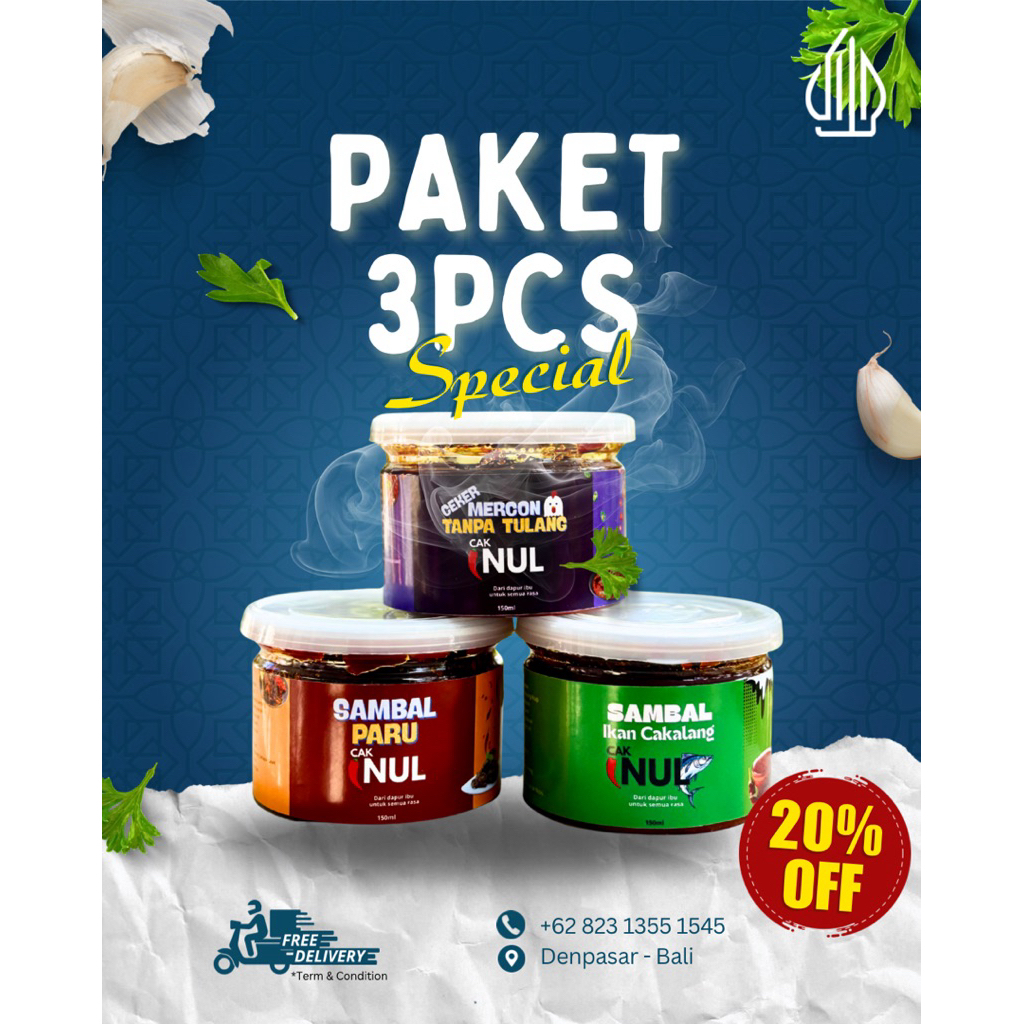 

Paket Hemat 3pcs Sambal Cak Inul by Request - 150gr HALAL / Sambal Cakalang / sambal paru / sambal Ikan teri / sambal tempong banyuwangi / sambal baby cumi / sambel pedas Halal / sambal pedas
