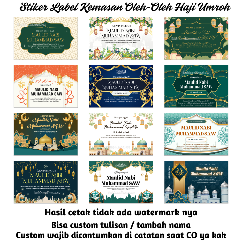 

Sticker / Kartu Ucapan Maulid Nabi Muhammad SAW memperingati hari kelahiran Stiker label kemasan segel dus box kotak kue bingkisan hantaran paket toples hampers tas mika spunbond parcel selamatan tasyakuran bisa custom tambah nama keluarga