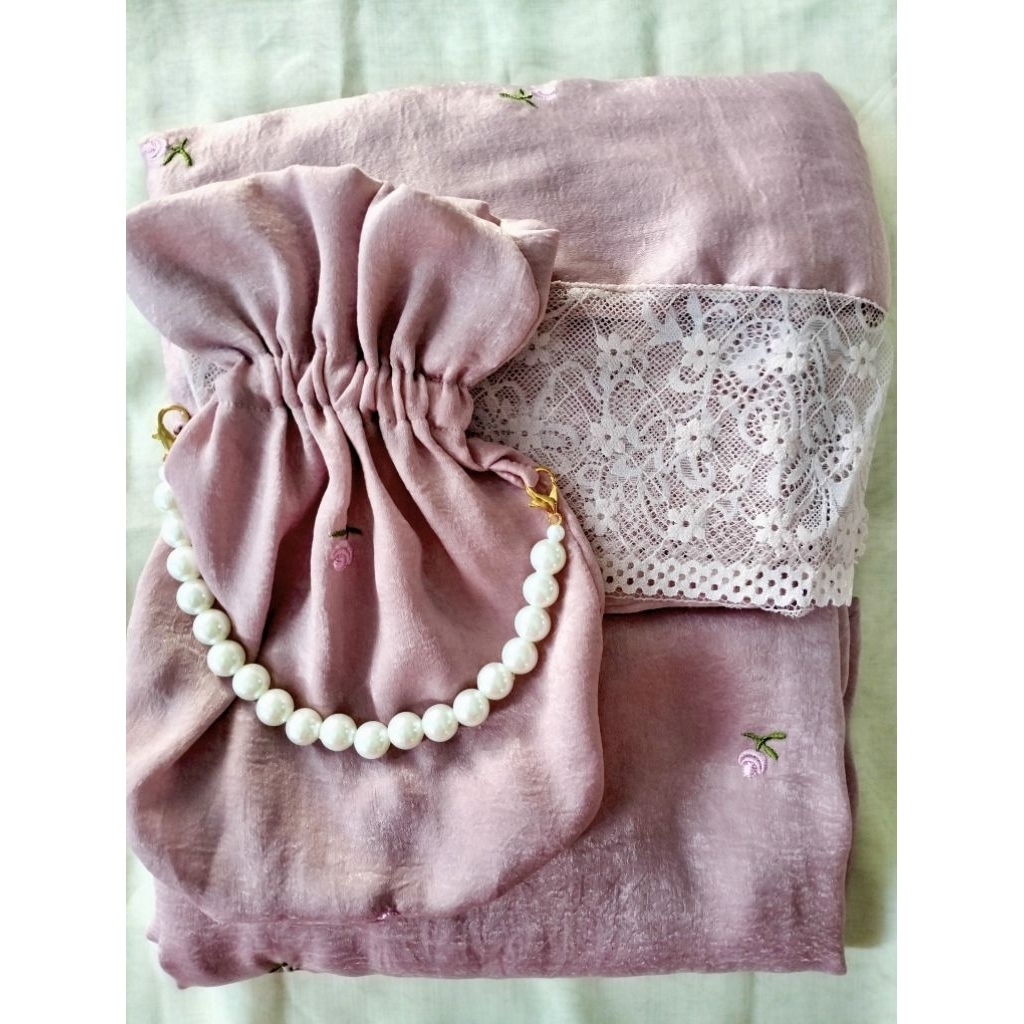 Mukenah Muslim Cantik Mewah Santorini Silk Bordir Renda Dewasa Jumbo Baby Pink