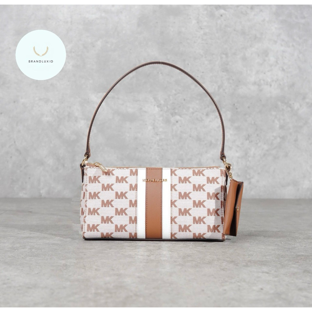 Michael Kors MK New Monogram Camel Hobo Bag With Pouch in White