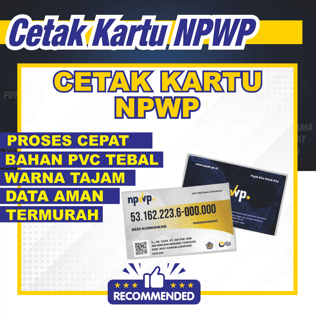 

Cetak ID Card Kartu Fisik Kartu NPWP KIS 2 SISI KARTU NPWP PVC BAHAN PREMIUM