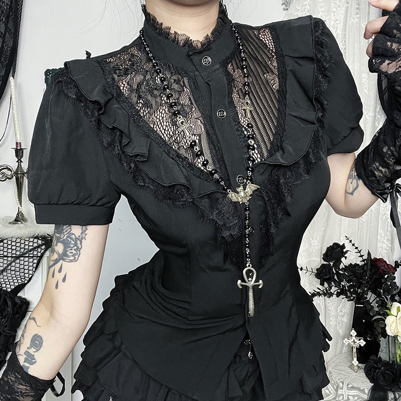 Blus Wanita Lengan Pendek Renda - Model Gothic Vintage, Potongan Hollow Out, Warna Hitam