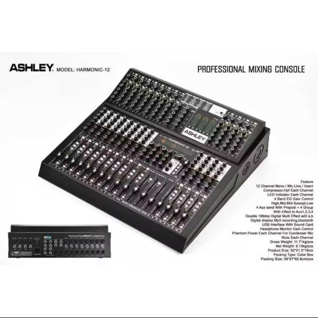 Mixer audio ASHLEY HARMONIC 12 Double Efek 199dsp Original mixer 12 chennel Led Monitor