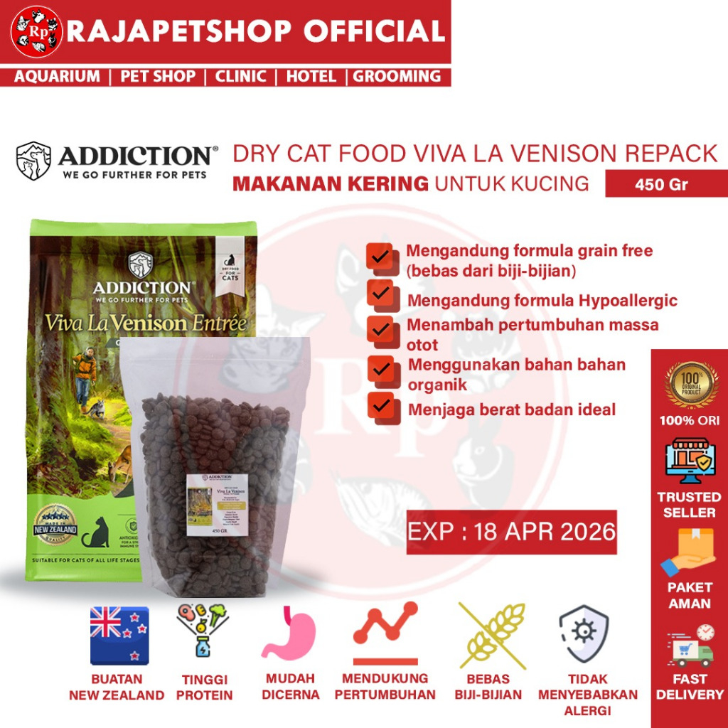 ( PAKAN ) ADDICTION CAT VIVA LA VENISON REPACK 450 GR DRY FOOD MAKANAN KUCING GRAIN FREE