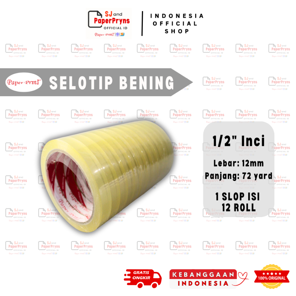 

PAPERPRYNS Selotip Bening ½” Inci (12mm x 72 Yard) - 1 SLOP ISI 12 ROLL