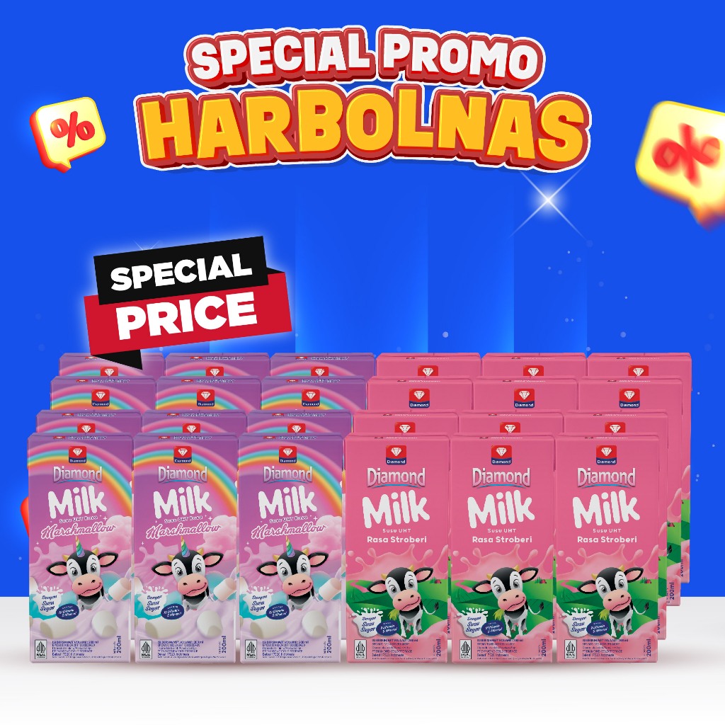 

DIAMOND UHT MILK 200 ML 1 KARTON MIX VARIANT (12 PCS STRAWBERRY & 12 PCS MARSHMALLOW)