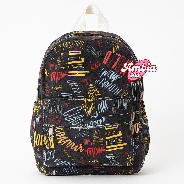 AMBIA Tas Ransel Wanita Mini Backpack Tas Sekolah Cewek Kecil Bahan Kanvas Motif Tulisan