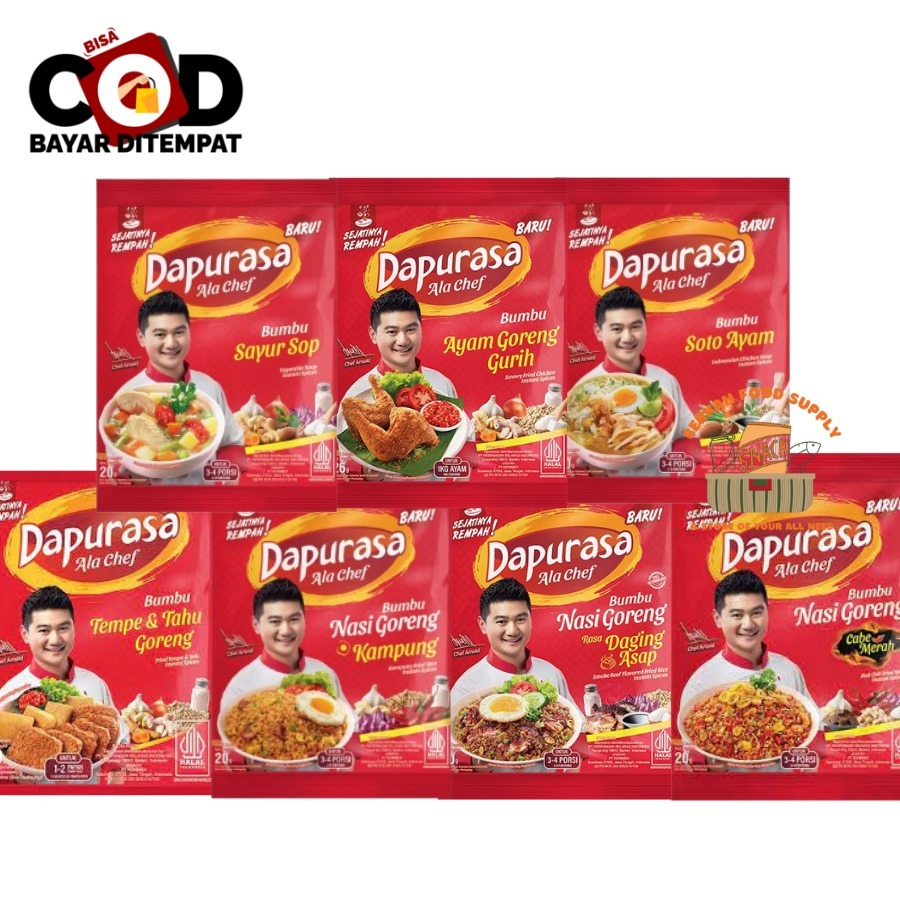 

[BERKAH]Dapurasa Ala Chef Arnold 20gr x 10pcs Bumbu Nasi Goreng Cabe Merah Kampung Daging Kari Tahu Tempe Ayam Goreng Sayur Sop Soto Ayam Praktis Dapur Rasa Bumbu Instan Anti Ribet Halal