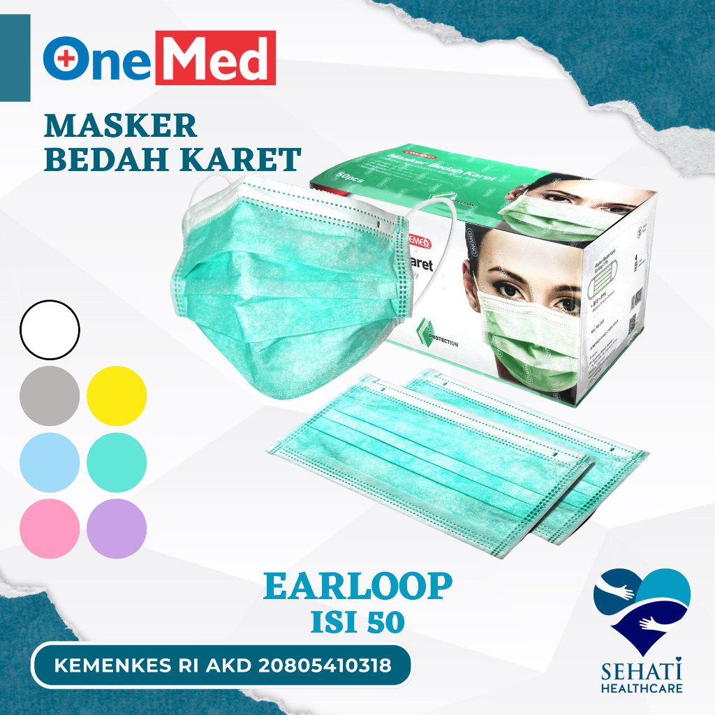 Onemed Masker Warna Isi 50 3ply Earloop Face Mask Disposable Bedah Karet Telinga Debu Motor Medis Ke