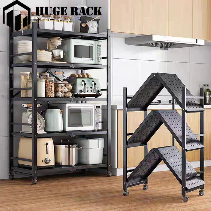 Plat Besi Menebal Rak Dapur Lipat Rak Lipat Portable Rak Besi 5 Susun Rak Dapur Serbaguna Roda Rak