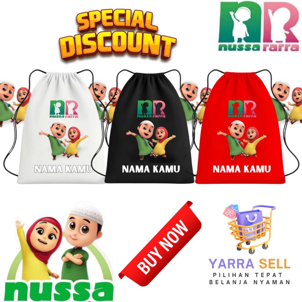 Tas Serut Anak Karakter Nussa & Rara | Custom Nama Gratis | Tas Sekolah, Mengaji & Souvenir Murah