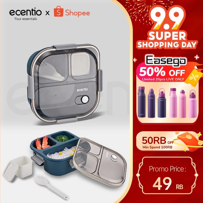 Brizani ecentio kotak bekal anti tumpah tumpah 3 grid 1100ml Kotak makan wadah bekal anti tumpah