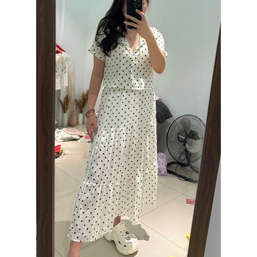 SET Kemeja SemiCrop Rok Panjang Polkadot / Set Korean