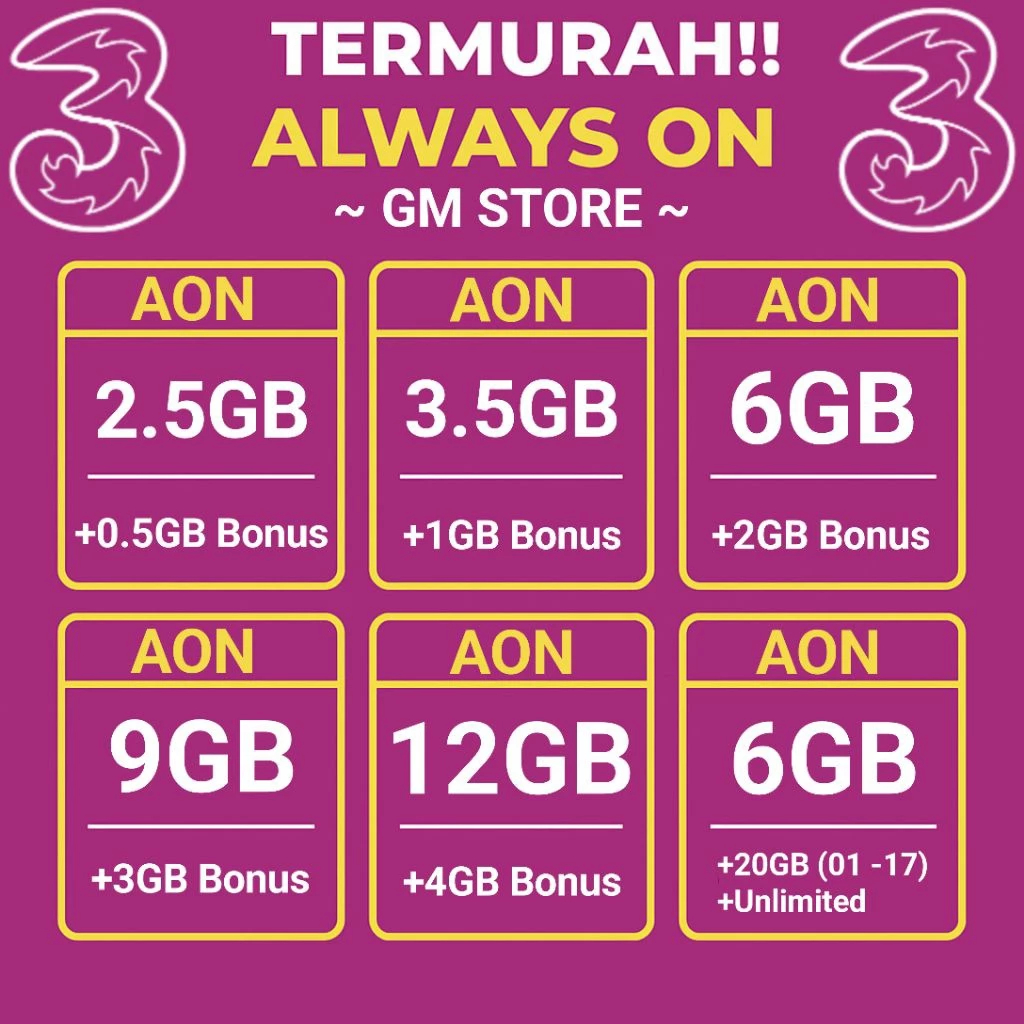 PAKET DATA Kuota Tri AON Paket Data Internet 2,5GB to 40GB