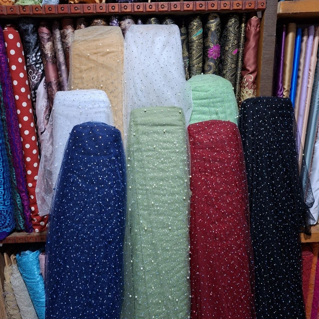 FLASE SALE❗️Promo 1 Meter Tule Parl Stone Premium Bahan Kain Kebaya Tile Swarovski Bakal Kain Kombin