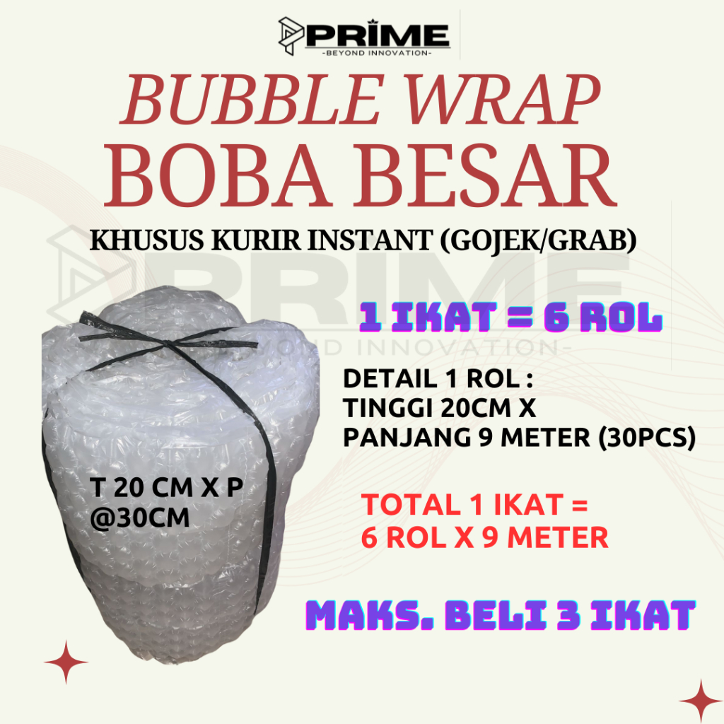 

BUBBLE WRAP BOBA BESAR T20CM X P30CM 180pcs KHUSUS KURIR INSTANT AIR CUSHION ROLL PACKING PAKET PACKAGING TEBAL