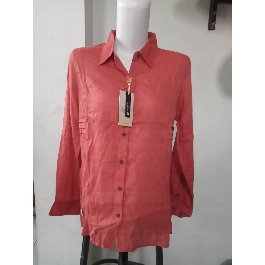 Promo Baju Kemeja Blouse Wanita MPD Emba Solid Orange Size M Dan L