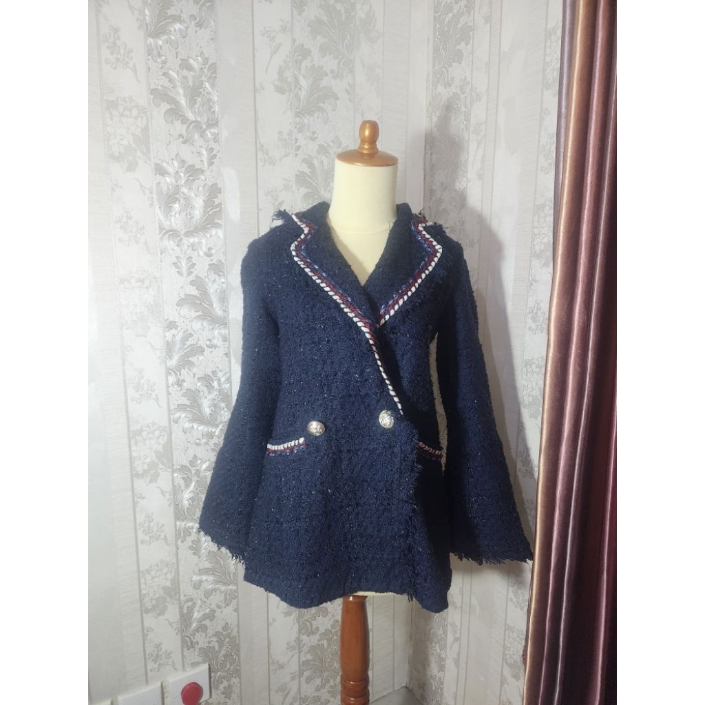 Blazer Tweed Biru Navy Fashion