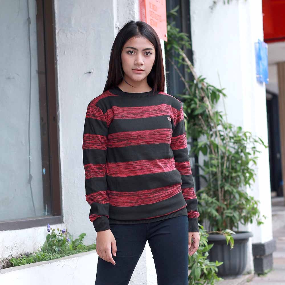 SWEATER RAJUT WANITA BLACKKELLY – GARIS HITAM MERAH LENGAN PANJANG