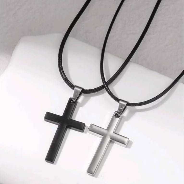 Kalung tali Salib Titanium Couple Hitam & Silver Elegan+ Tali Premium