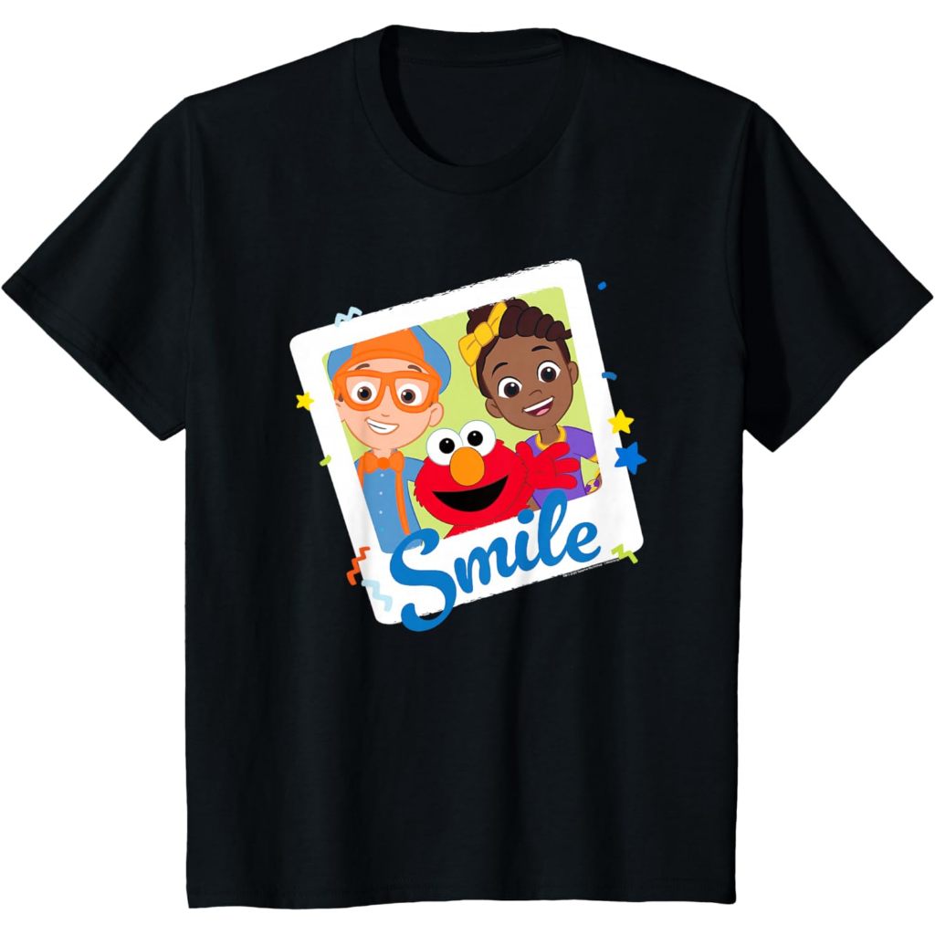 Baju kaos anak unisex Blippi Sesame Street Smile Blippi Elmo & Meekah Polaroid T-Shirt