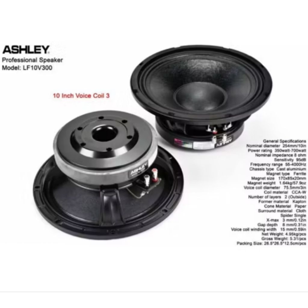 Speaker Komponen ASHLEY Original LF10 V300 – Woofer 10 Inch, VC 3”, Bass Mantap