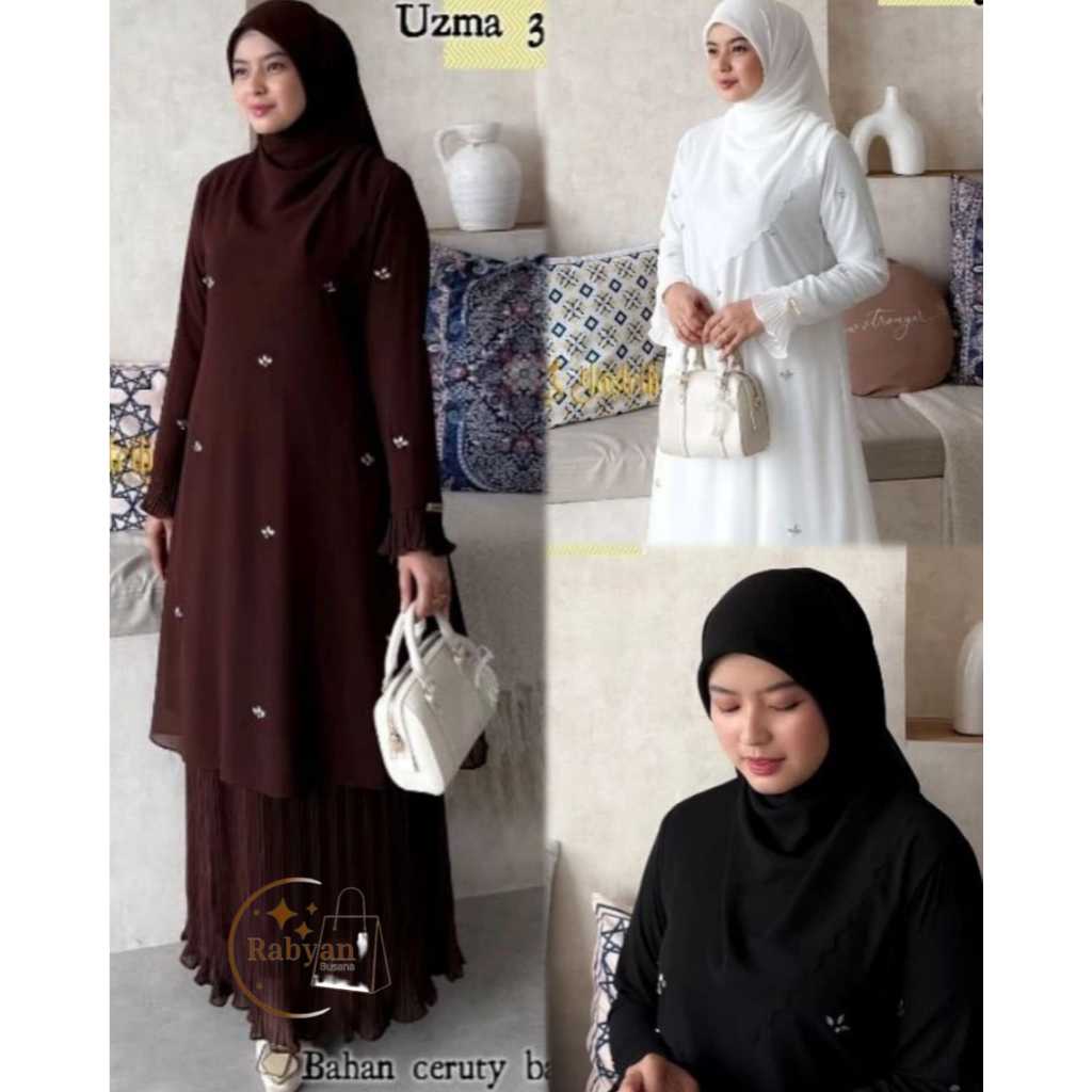 UZMA SET 3 IN 1 GAMIS PREMIUM APLIKASI PAYET SETELAN TUNIK+ROK PLISKET+HIJAB TERBARU DRES PESTA KOND