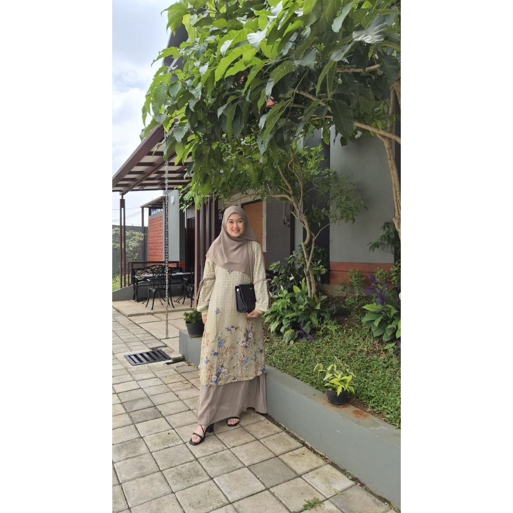Annora Dress Set Hijab 2in1 / Gamis Ceruty BabyDoll Armany Printing Premium / COD