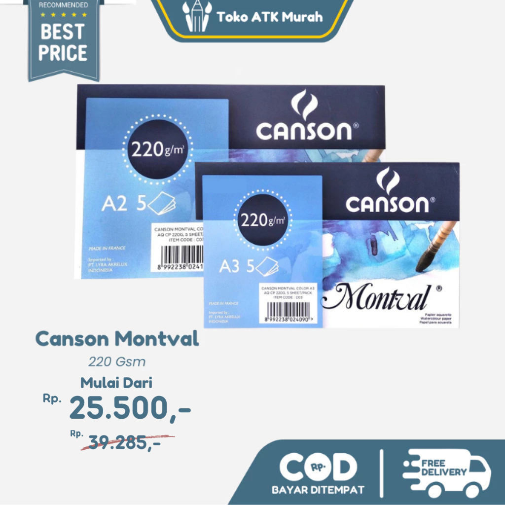 

Canson Montval A3 / A2 220 gsm ( 1 Pack Isi 5 Lembar ) | Watercolor Paper Import - Kertas Cat Air