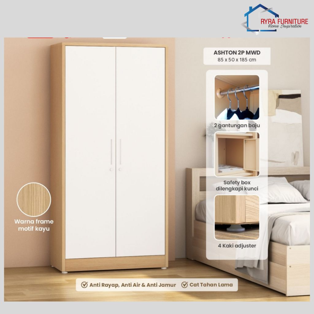 PIRA - ASHTON 2P MWD - LEMARI PAKAIAN BESI 2 PINTU / LEMARI PAKAIAN BESI MOTIF KAYU / LEMARI BESI MI